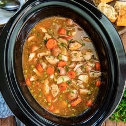 Chicken stew in a slow cooker with carrots, potatoes, peas, and tender chicken.