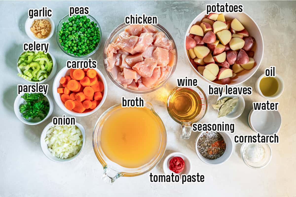Chicken, potatoes, broth and other chicken stew ingredients with text overlay.