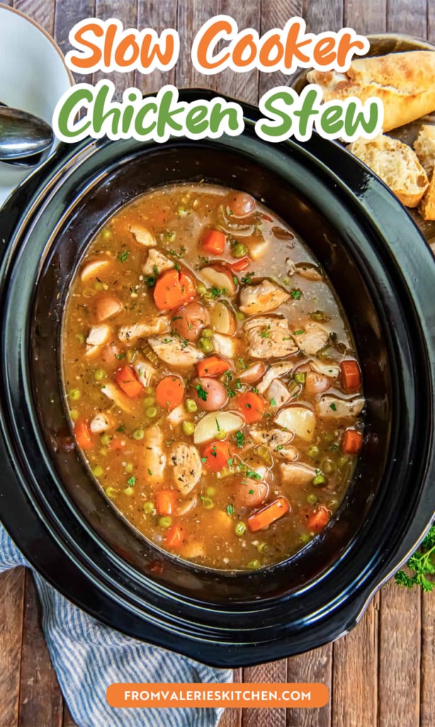 Chicken stew in a slow cooker with carrots, potatoes, peas, and tender chicken with text overlay.