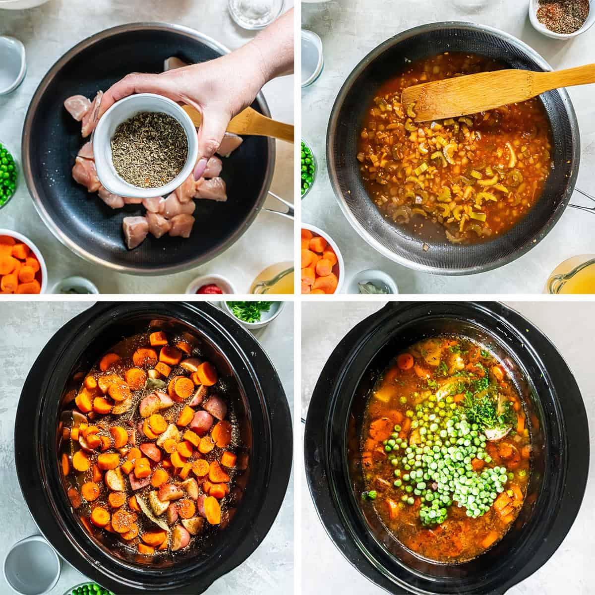 Four in process images of chicken stew being made in a slow cooker.