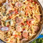 Creamy Cajun Chicken and Sausage Pasta in a blue Dutch oven with colorful bell peppers and fresh parsley.