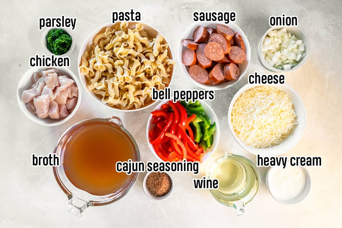 Chicken, sliced sausage, wine, cream and other ingredients in bowls with text overlay.