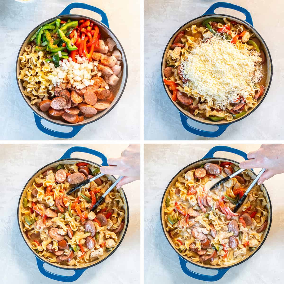 Four images of cajun chicken and sausage pasta ingredients cooking in a pan.