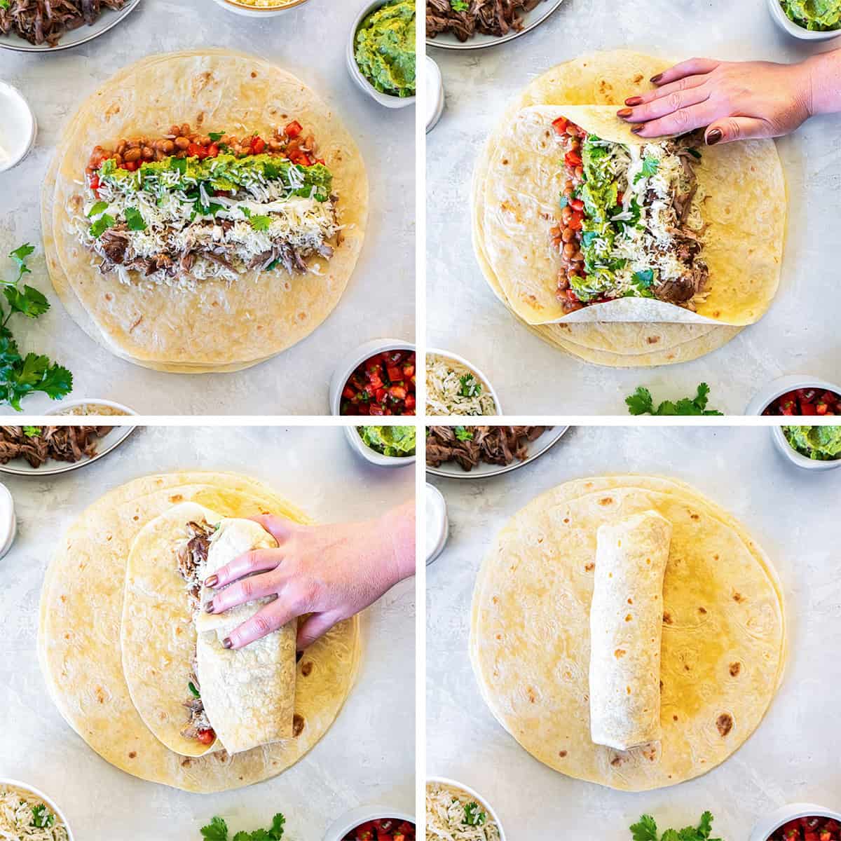 Four images of a tortilla layered with carnitas, cheese, guacamole and other ingredients and then being folded and rolled.
