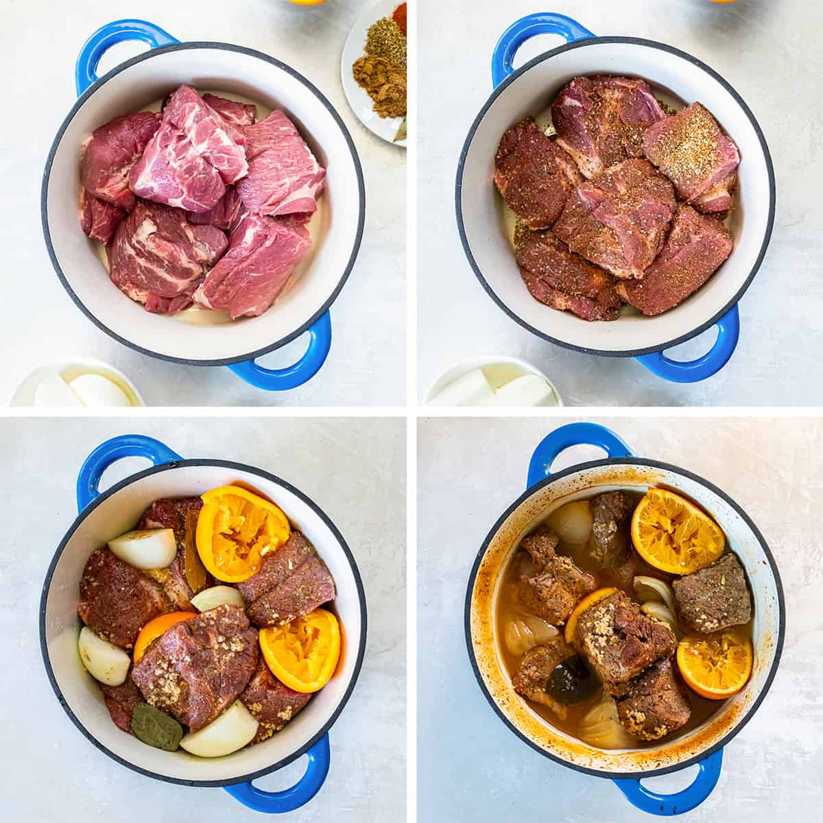 A four image collage of chunks of pork for carnitas in a Dutch oven with spices and orange halves before and after being cooked in the oven.