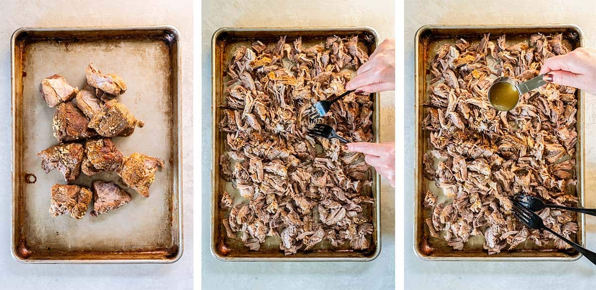 A three image collage of chunks of cooked pork on a baking sheet, forks shredding the pork for carnitas, and cooking liquid poured over it.