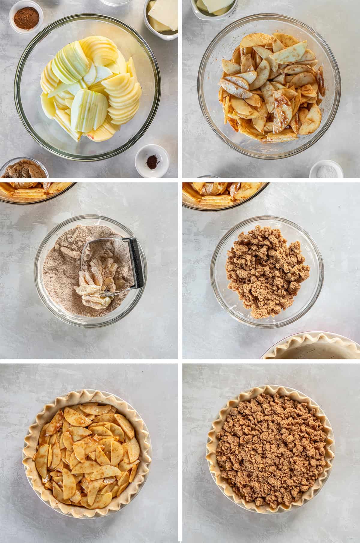 Six images of spiced apples in a bowl and a crumb topping, then layered in a pie pastry.