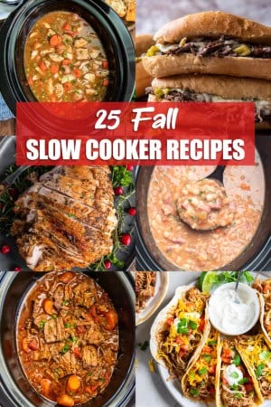 Six images of fall slow cooker recipes in a collage format with text overlay.
