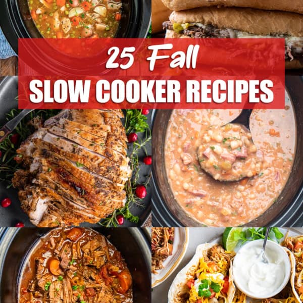 Six images of fall slow cooker recipes in a collage format with text overlay.