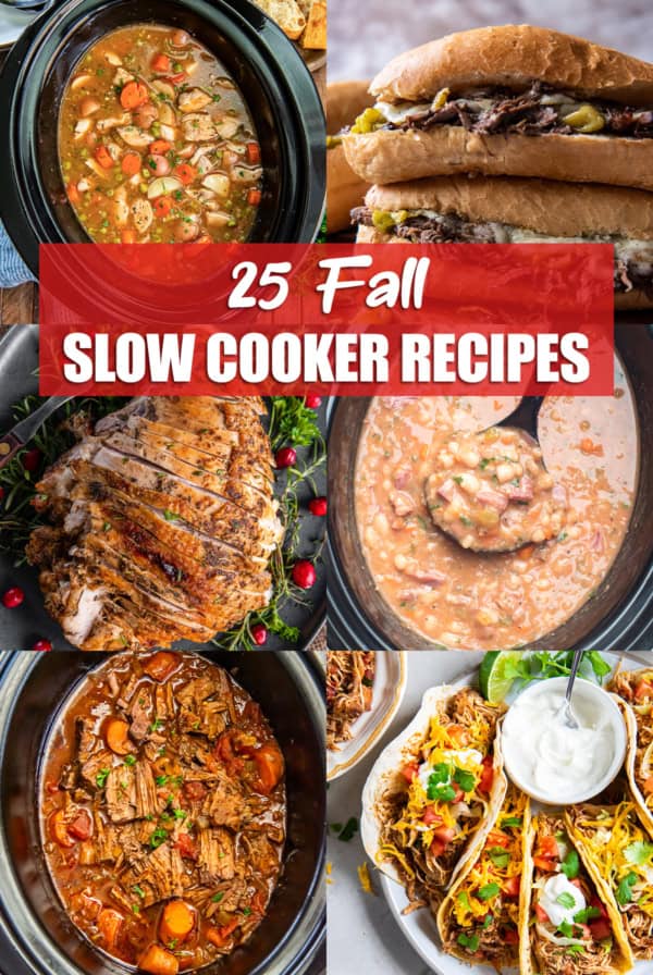 Six images of fall slow cooker recipes in a collage format with text overlay.