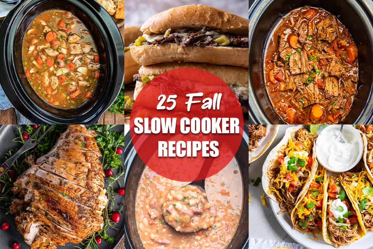 Six images of fall slow cooker recipes in a collage format with text overlay.
