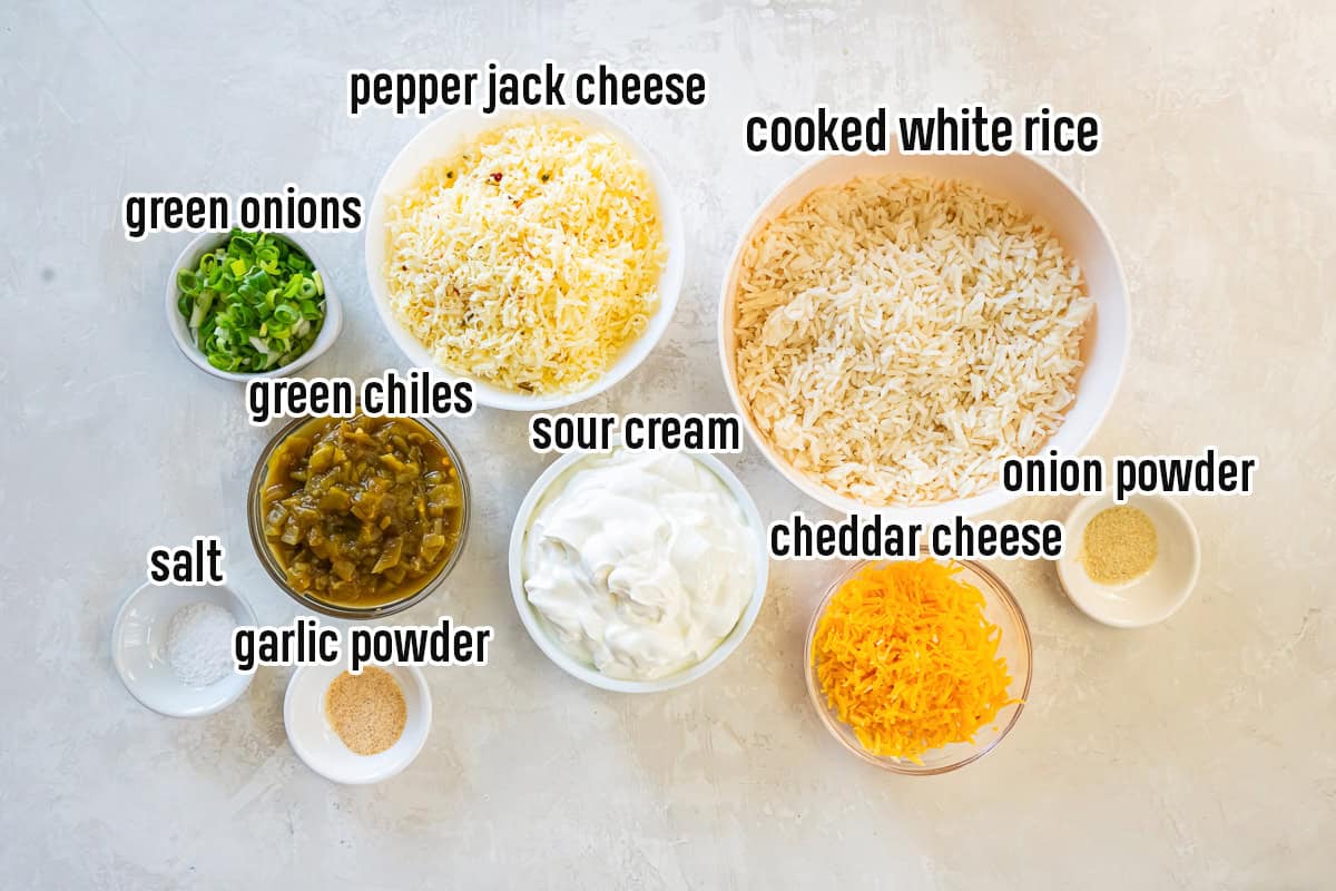 Cooked white rice, shredded cheese, diced green chiles and other ingredients in bowls with text overlay.