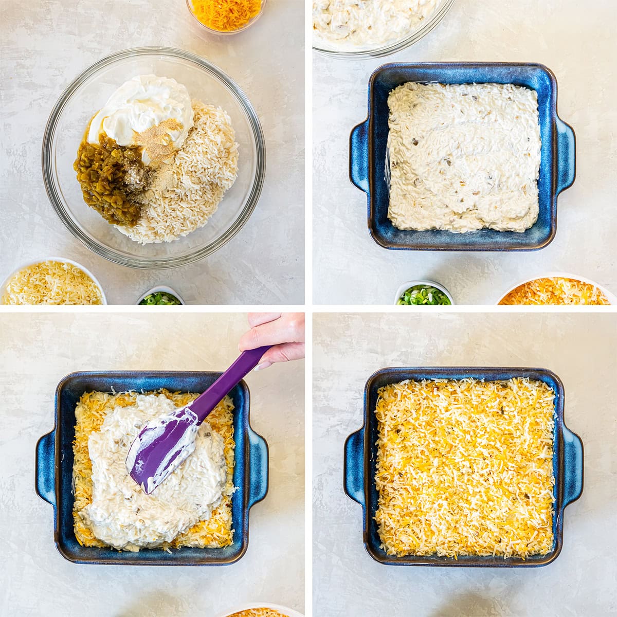 Four images of green chile rice being mixed in a bowl and layered in a casserole dish with cheese.