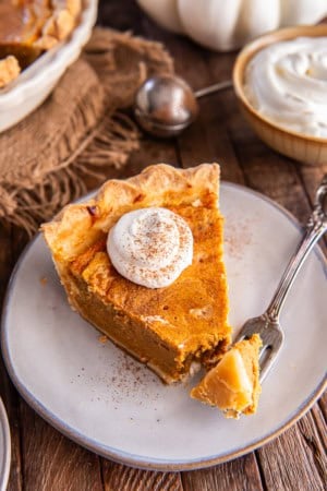 Slice of Hazelnut Pumpkin Pie topped with whipped cream and sprinkled with cinnamon, with a forkful ready to eat on a rustic plate.