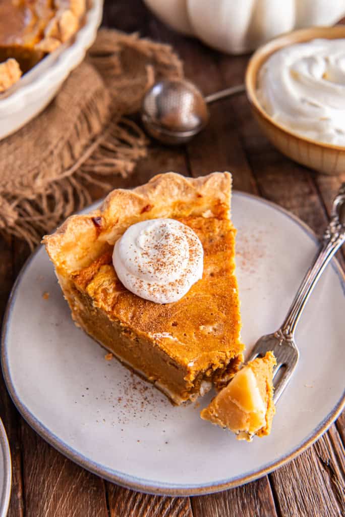 Slice of Hazelnut Pumpkin Pie topped with whipped cream and sprinkled with cinnamon, with a forkful ready to eat on a rustic plate.