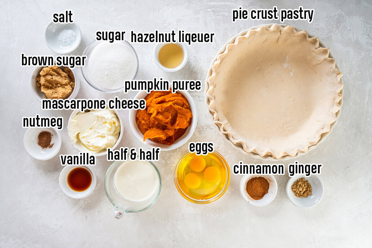 Pie crust pastry, pumpkiin puree and other ingredients in bowls with text overlay.