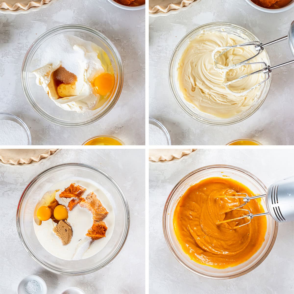 Four images of the layers for hazelnut pumpkin pie being prepared in glass bowls.