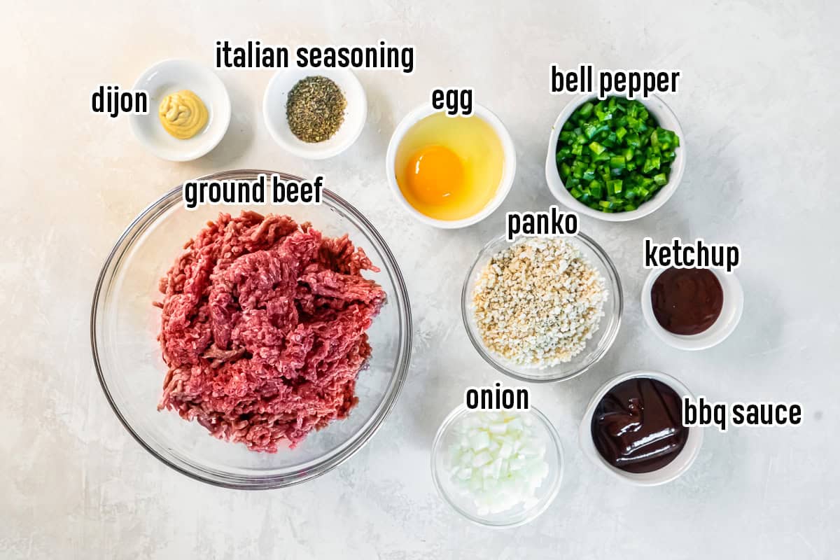 Ground beef, panko breadcrumbs and other ingredients in bowls with text overlay.