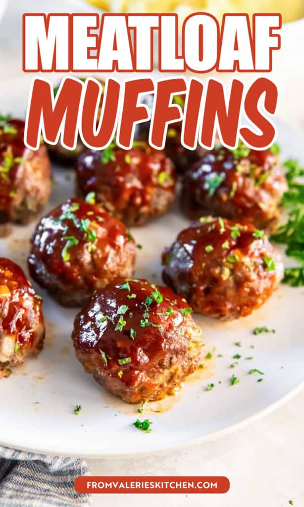Glazed meatloaf muffins in a circular pattern on a white plate with text overlay.
