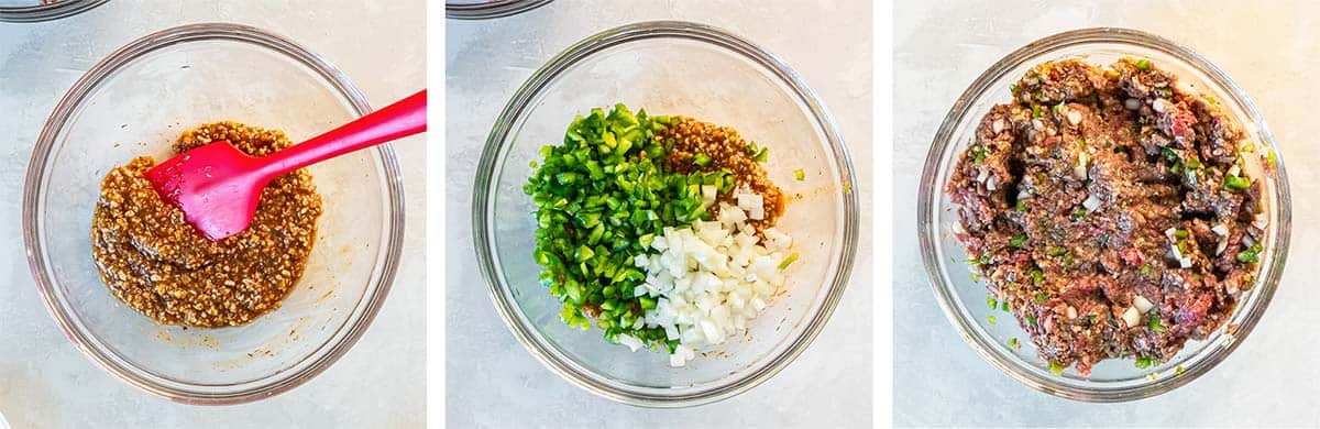 Three images of meatloaf ingredients being combined in a glass bowl.