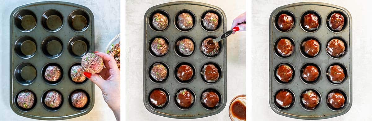 Three images of meatloaf being formed into balls, placed in a muffin tin, and topped with glaze.