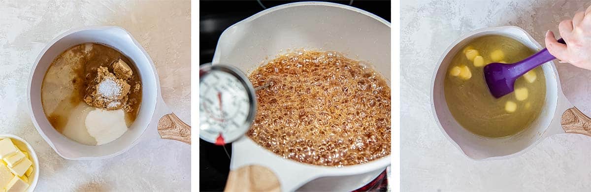 Three images of caramel syrup being cooked in a pan.