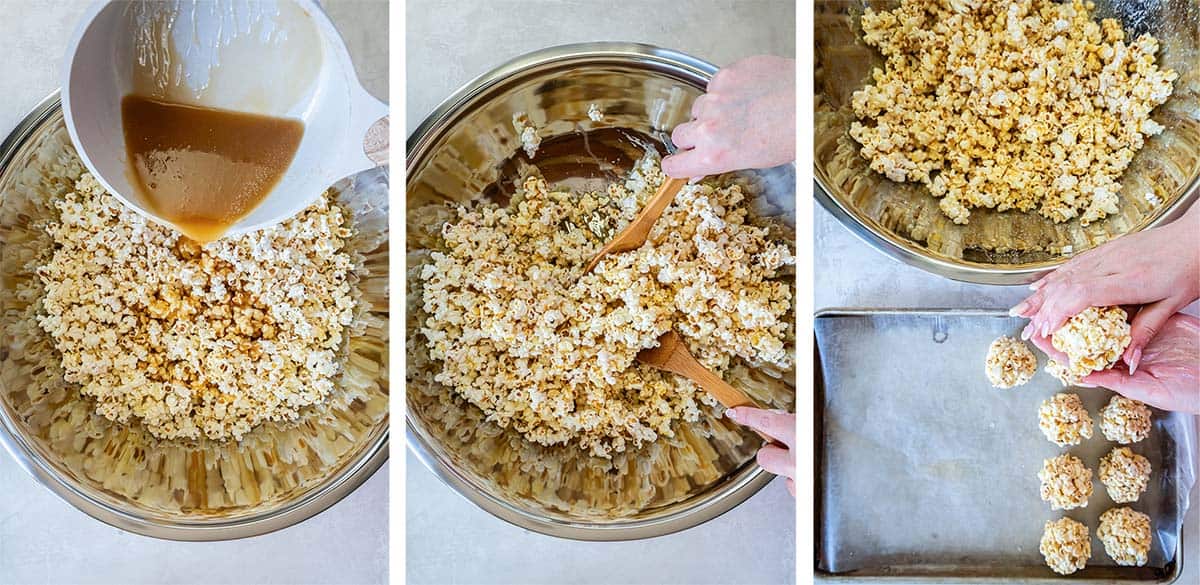 Three images of caramel syrup poured over popcorn in a bowl then formed into popcorn balls.