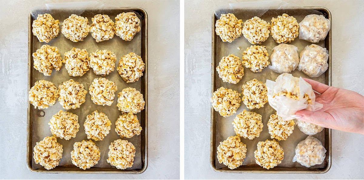 Two images of popcorn balls on a baking sheet with a hand holding one wrapped in wax paper.