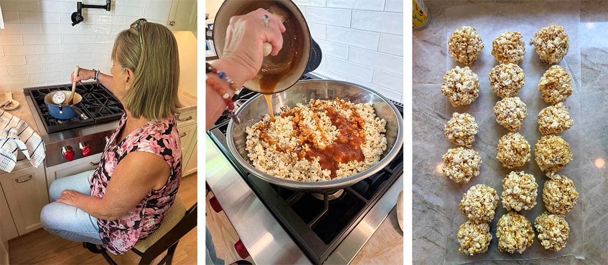 Three images of a woman stirring caramel in a pot on the stove, pouring it over pocorn in a large bowl, and popcorn balls on wax paper.