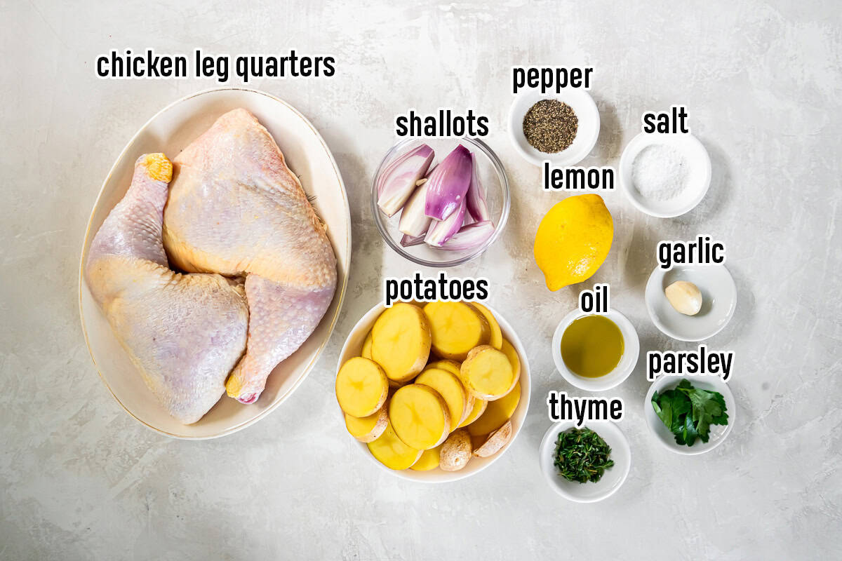 chicken leg quarters on a plate and shallots, lemon, garlic, and other ingredients in bowls with text overlay.