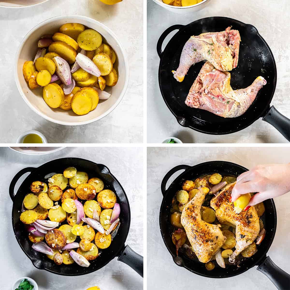 Four images of chicken leg quarters in a cast iron skillet over potatoes and shallots.