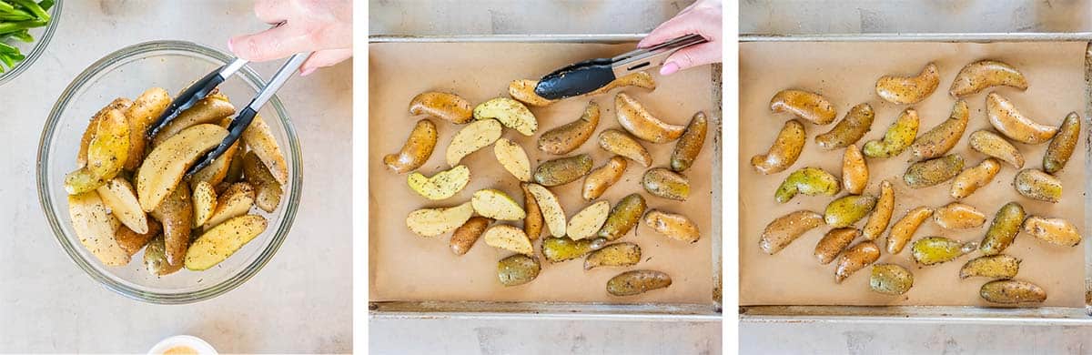 Three images of fingerling potatoes in a bowl with oil and seasoning and on a baking sheet.