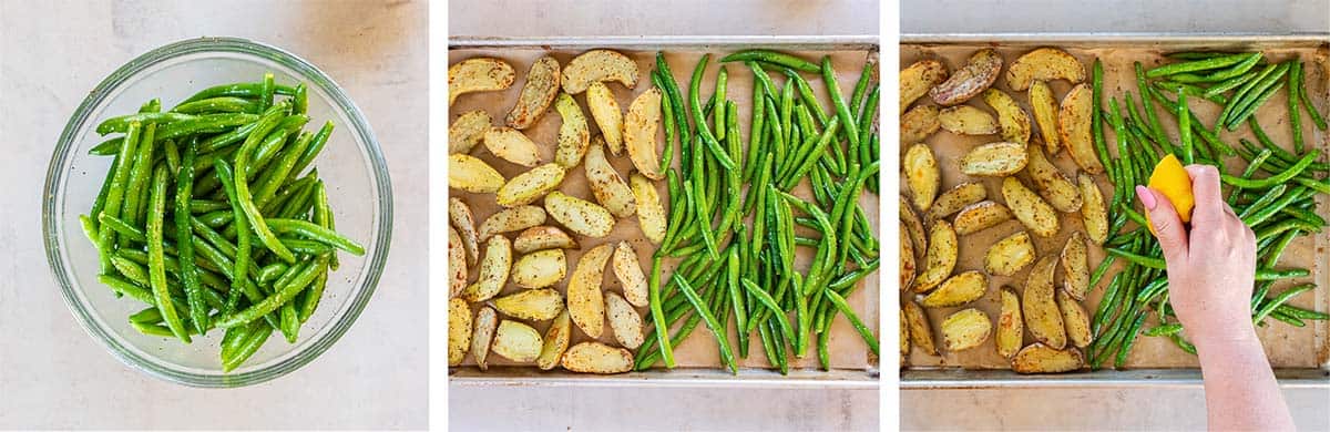 Three images of green beans in a bowl with oil and seasoning and on a sheet pan with roasted potatoes.