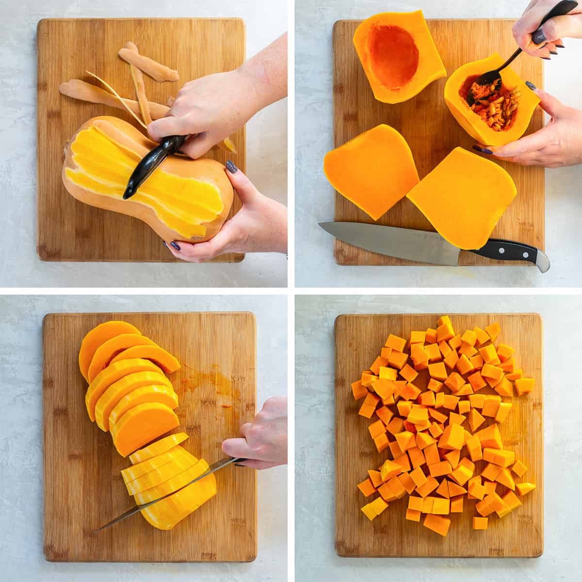 Four images showing how to peel and slice butternut squash.