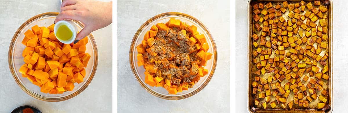 Three images of cubed butternut squash in a bowl with oil and spices and spread out over a baking sheet.