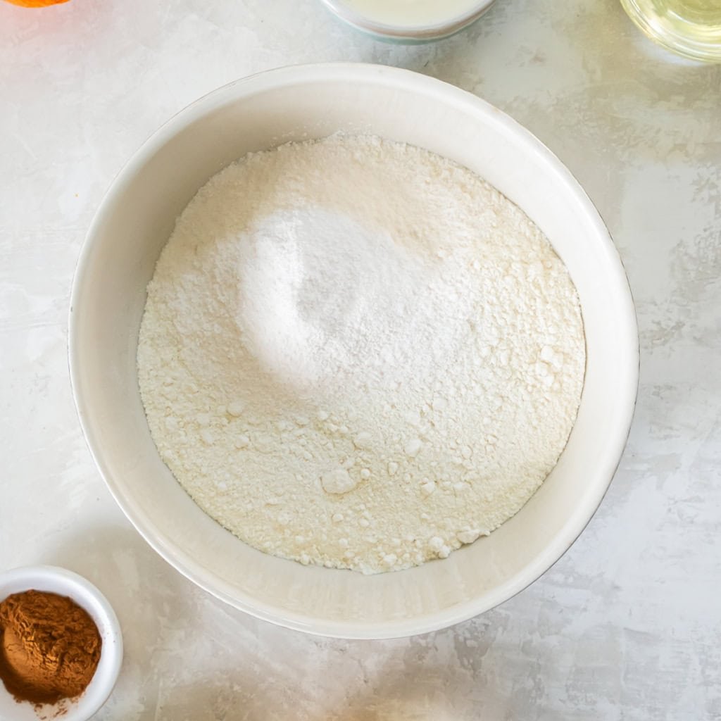 Dry ingredients in a mixing bowl.