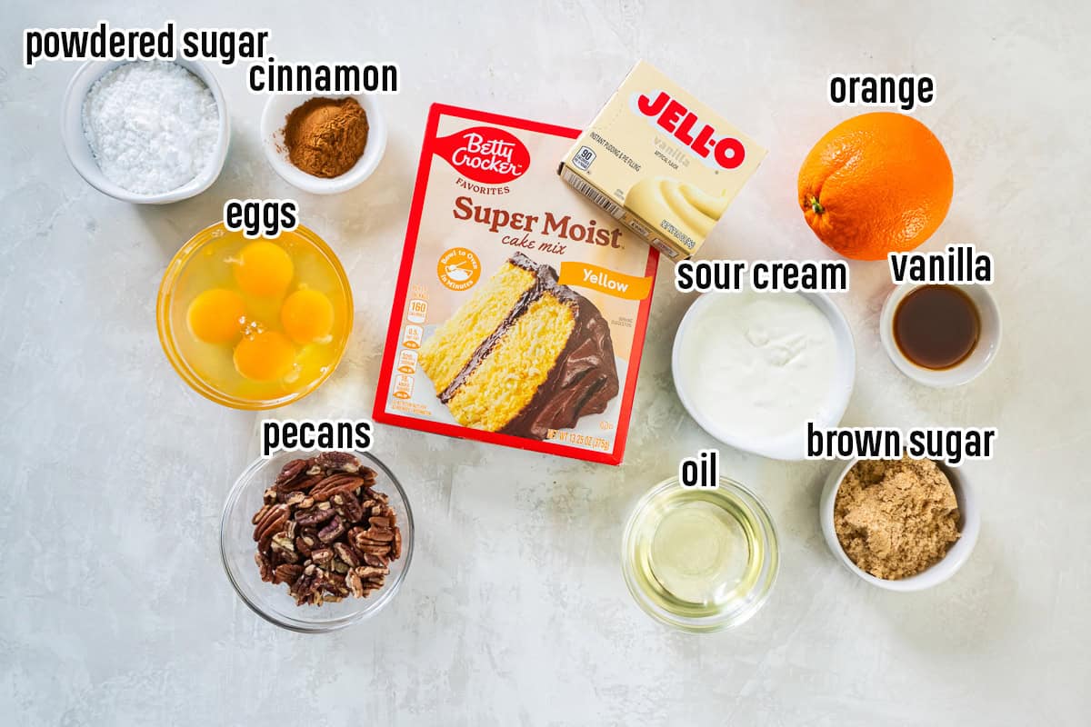 A box of Betty Crocker yellow cake mix, Jello instant pudding, and other ingredients in bowls with text overlay.