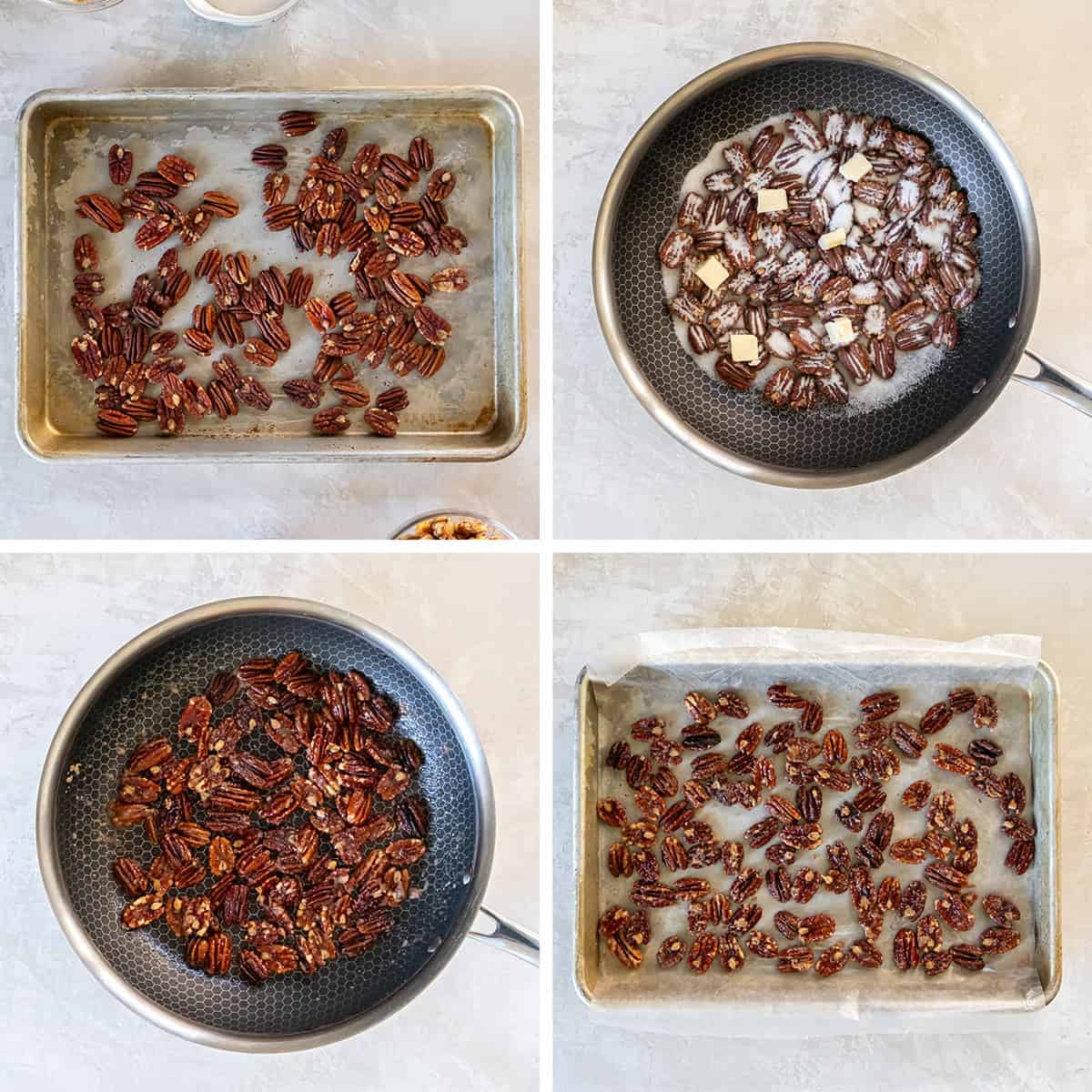 Four images of pecans on a baking sheet, in a pan with butter and sugar, and glazed nuts on a parchment lined baking sheet.