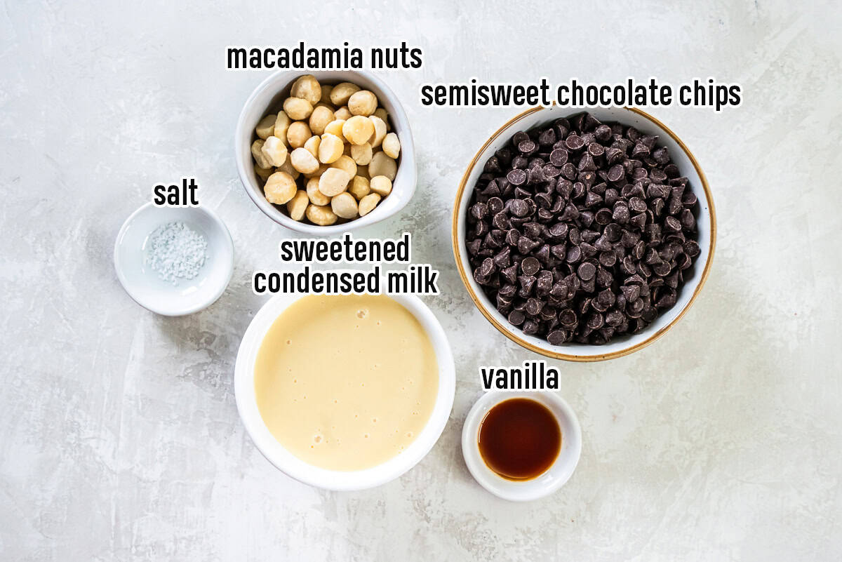 Macadamia nut fudge ingredients including chocolate chips, sweetened condensed milk, nuts, vanilla, and salt with text overlay.