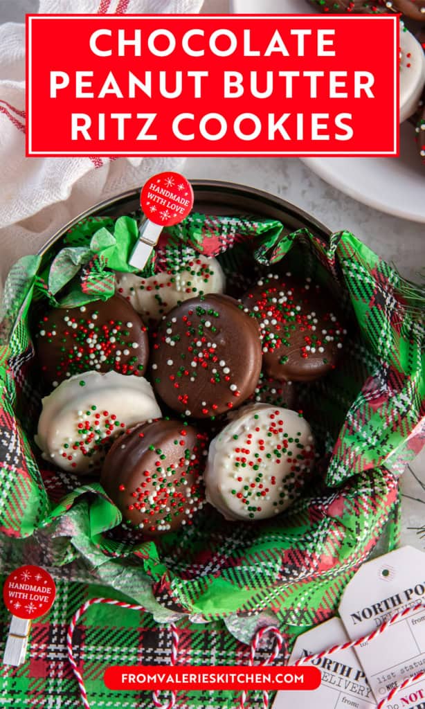 Holiday tin lined with plaid tissue and filled with chocolate- and white-chocolate–dipped peanut butter Ritz cookies topped with red, green, and white sprinkles with text overlay.
