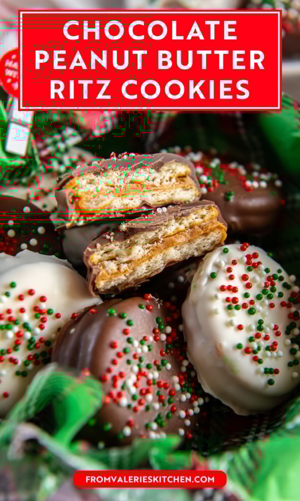 Chocolate-dipped peanut butter Ritz cookies in a holiday tin, topped with red, green, and white sprinkles, with one cookie cut in half to show the peanut butter filling with text overlay.