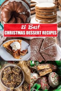 Collage of Christmas desserts including chocolate Bundt cake, pecan pie, toffee squares, iced molasses cookies, chocolate cake, and chocolate-dipped Ritz cracker cookies with the text ‘28 Best Christmas Dessert Recipes’ in the center.