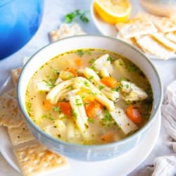 Bowl of Get Well Chicken Soup with tender chicken, carrots, and short pasta in a clear, golden broth, garnished with fresh parsley and served with saltine crackers and a lemon half in the background.