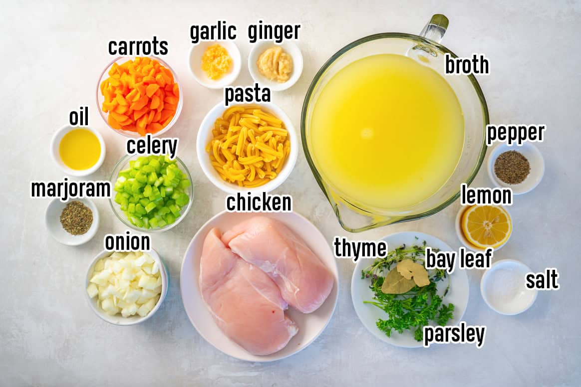 Ingredients for chicken noodle soup including chicken breasts, broth, pasta, carrots, celery, onion, garlic, ginger, thyme, bay leaf, parsley, lemon, salt, pepper, marjoram, and olive oil.