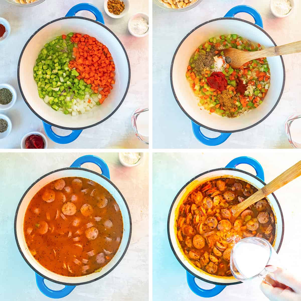 Four image collage showing the steps for making sausage and bean soup, including sautéed vegetables, added seasonings, broth, sausage, beans, and milk in a Dutch oven.