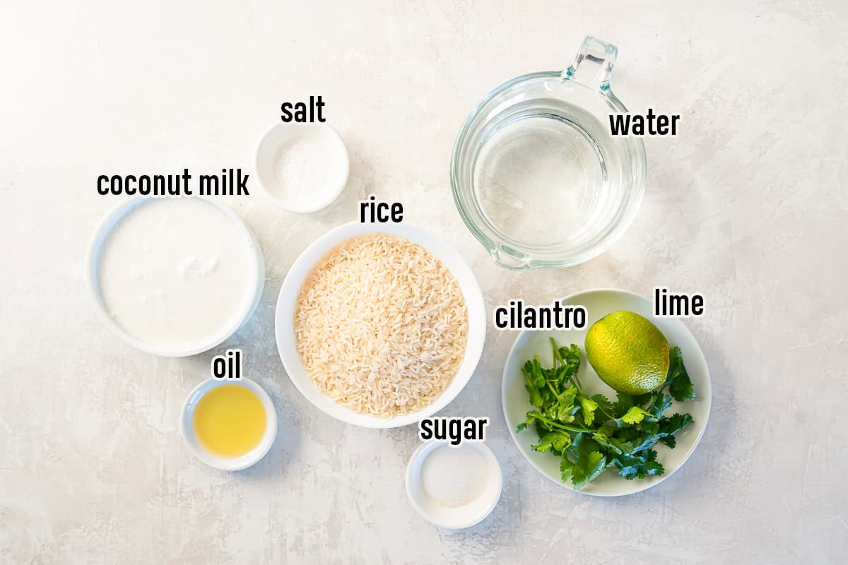 Ingredients for coconut rice including jasmine rice, coconut milk, salt, and sugar in bowls with text overlay.