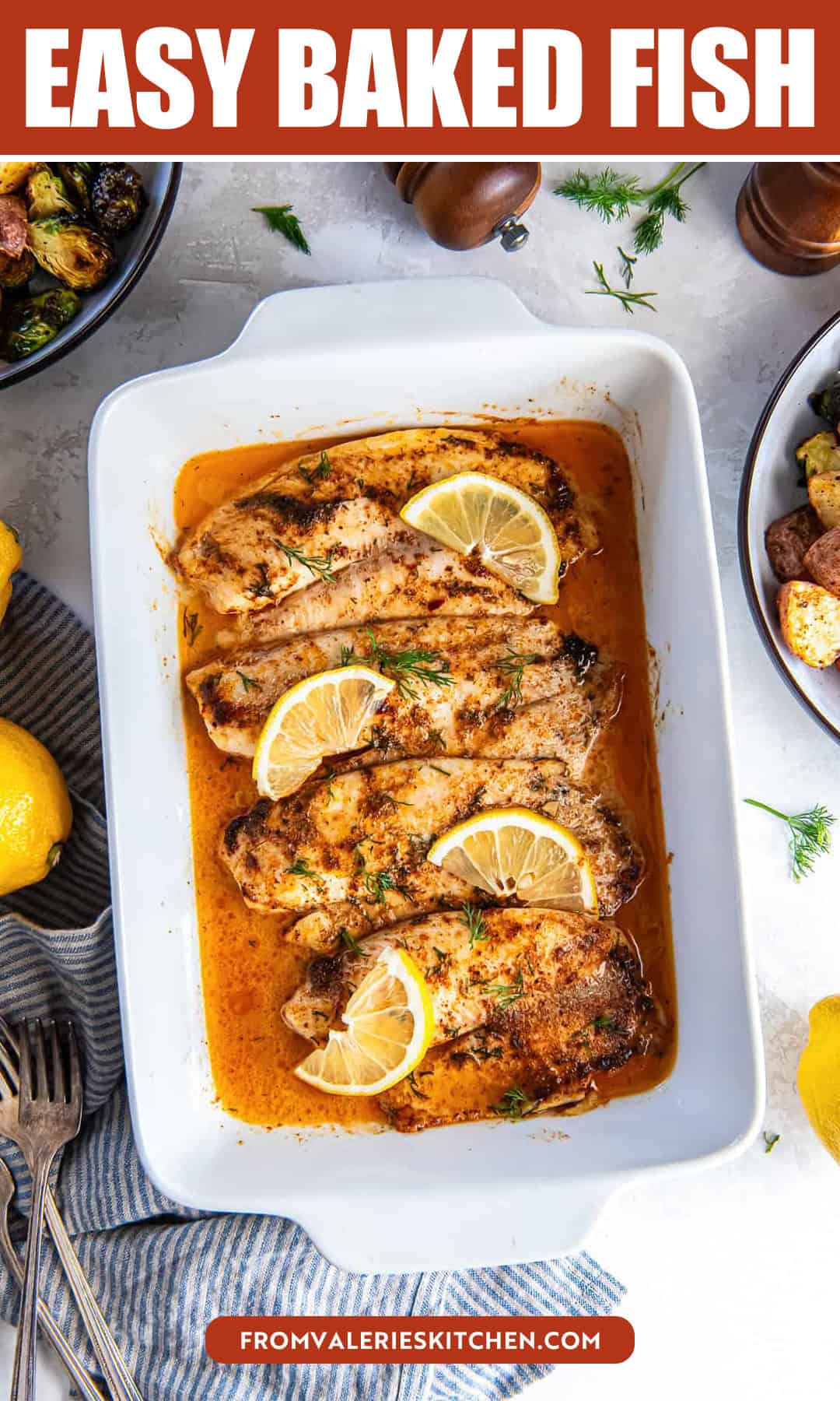 Baked fish in a white pan with title text overlay.