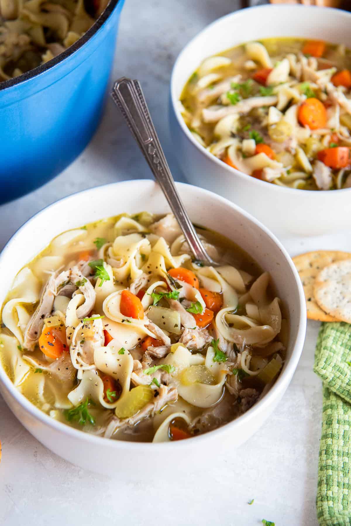 Homemade chicken noodle soup served in a white bowl with tender chicken, egg noodles, carrots, and celery in a golden broth.