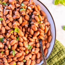 Easy seasoned pinto beans garnished with fresh cilantro in a shallow bowl with a serving spoon.