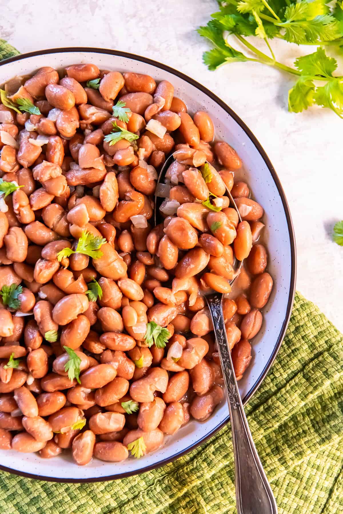Easy seasoned pinto beans garnished with fresh cilantro in a shallow bowl with a serving spoon.